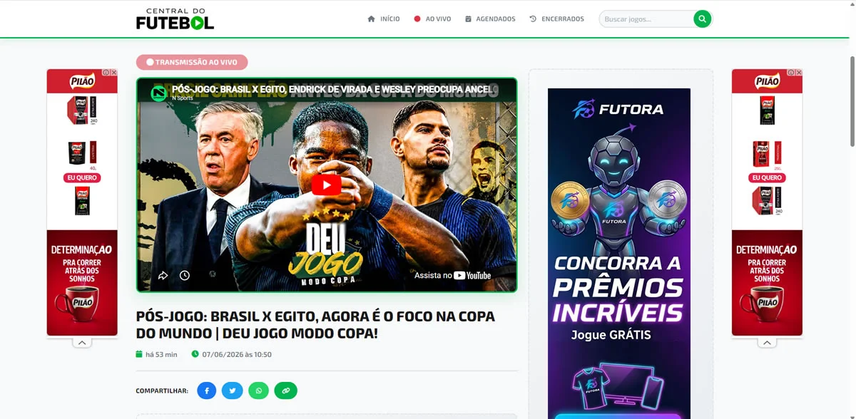 Tela da plataforma Central do Futebol exibindo transmissões esportivas ao vivo organizadas automaticamente através da API do YouTube em sistema desenvolvido pela Painel 9